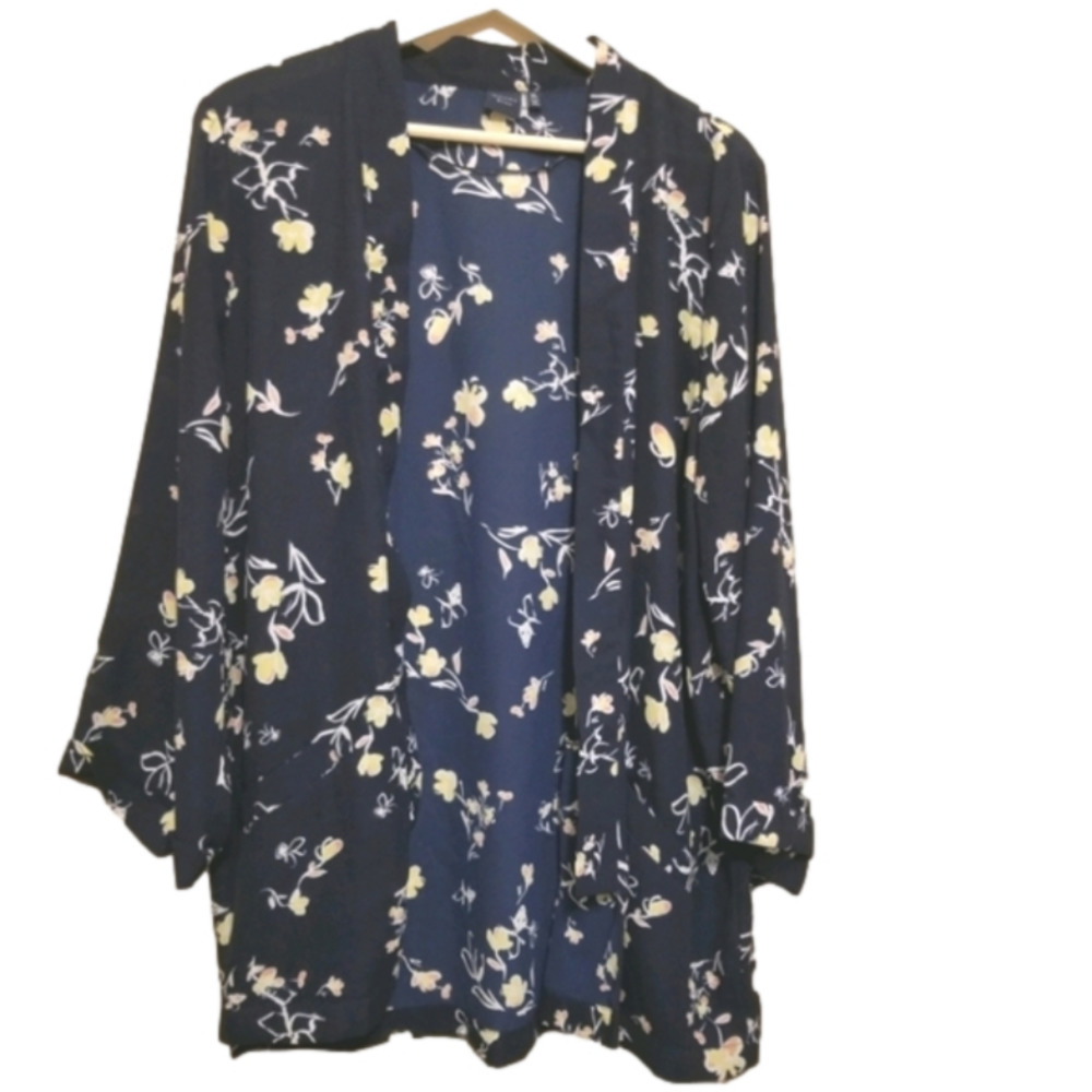 KAARI Blue Kimono‎ Topper XL Navy blue open floral Open Asian Swim Cover